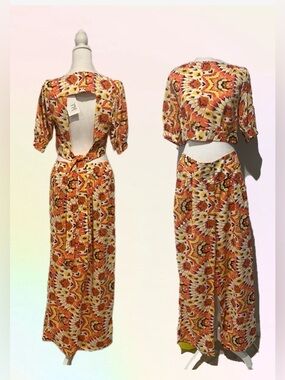 Color block Two-Piece Cropped open back pant  Set — Orange Floral Print Sz small